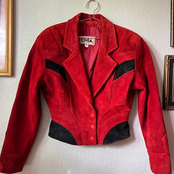 RARE & RESTORED 80s Chia Red and Black Cropped Thriller Suede Jacket - Picture 2 of 11